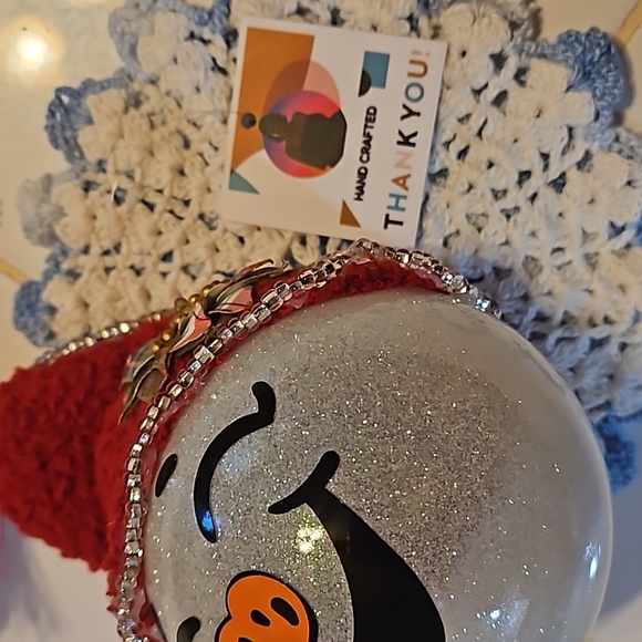 Handmade Glass Ornament Hand Painted Iridescent glitter Upcycled red sock hat - Picture 16 of 17